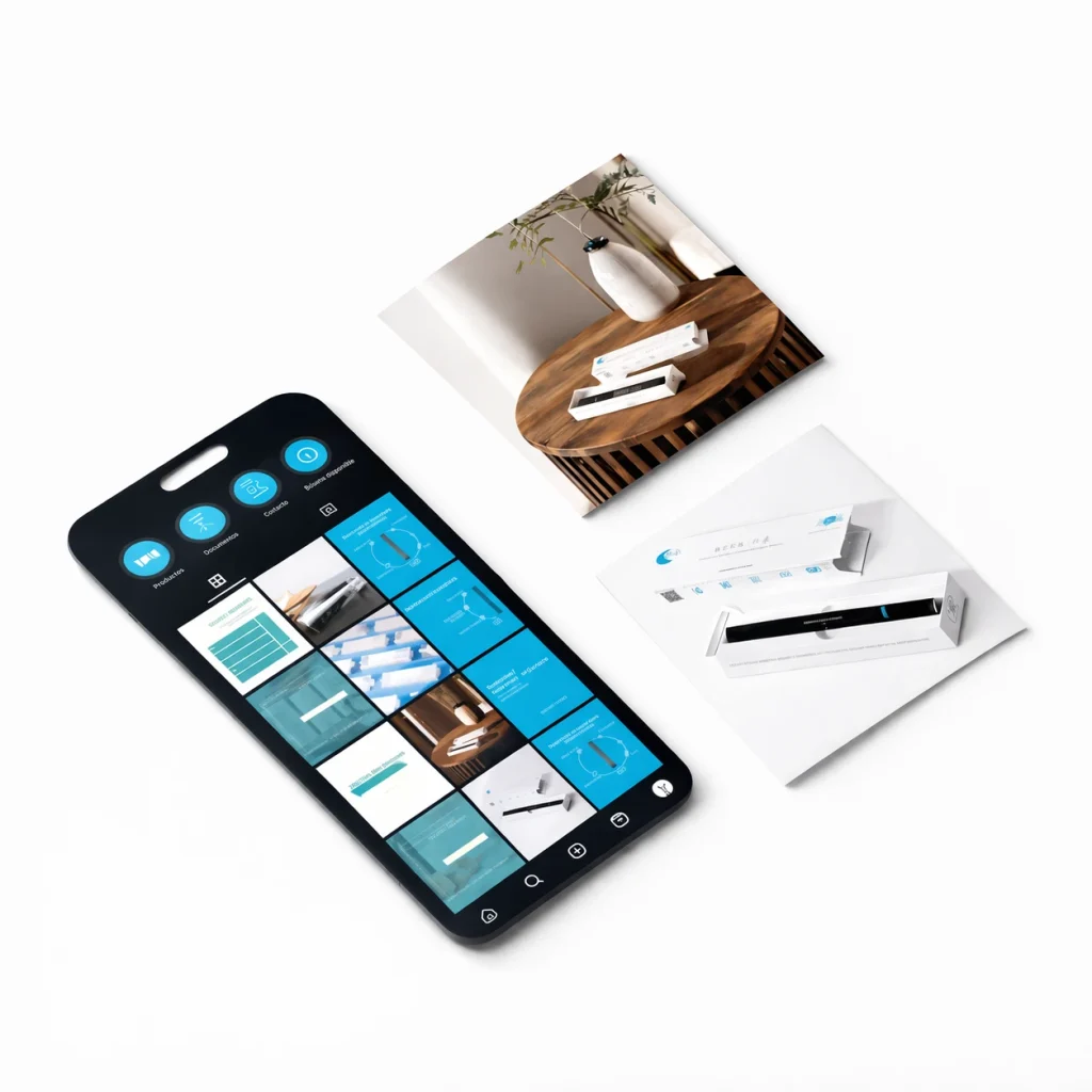 Composición minimalista con móvil y flyers