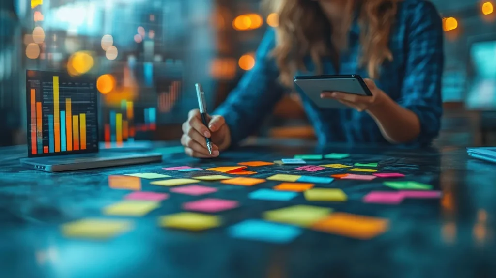 mujer escribiendo en post it