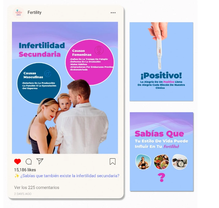 Post de instagram y un par de post Marketing para clínicas de fertilidad Fertility