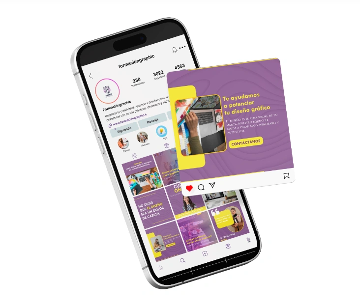 Móvil con un post de instagram Marketing para empresas de formación formacióngraphic