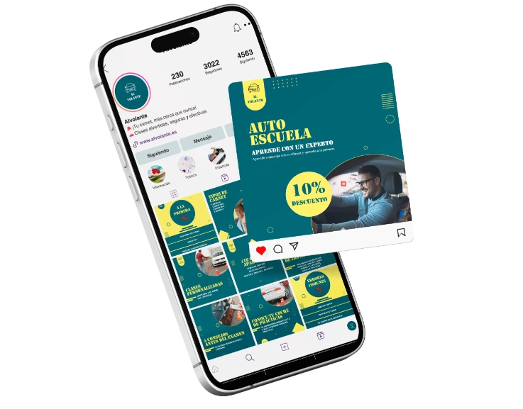 Móvil con un post de instagram Marketing para autoescuelas Alvolante