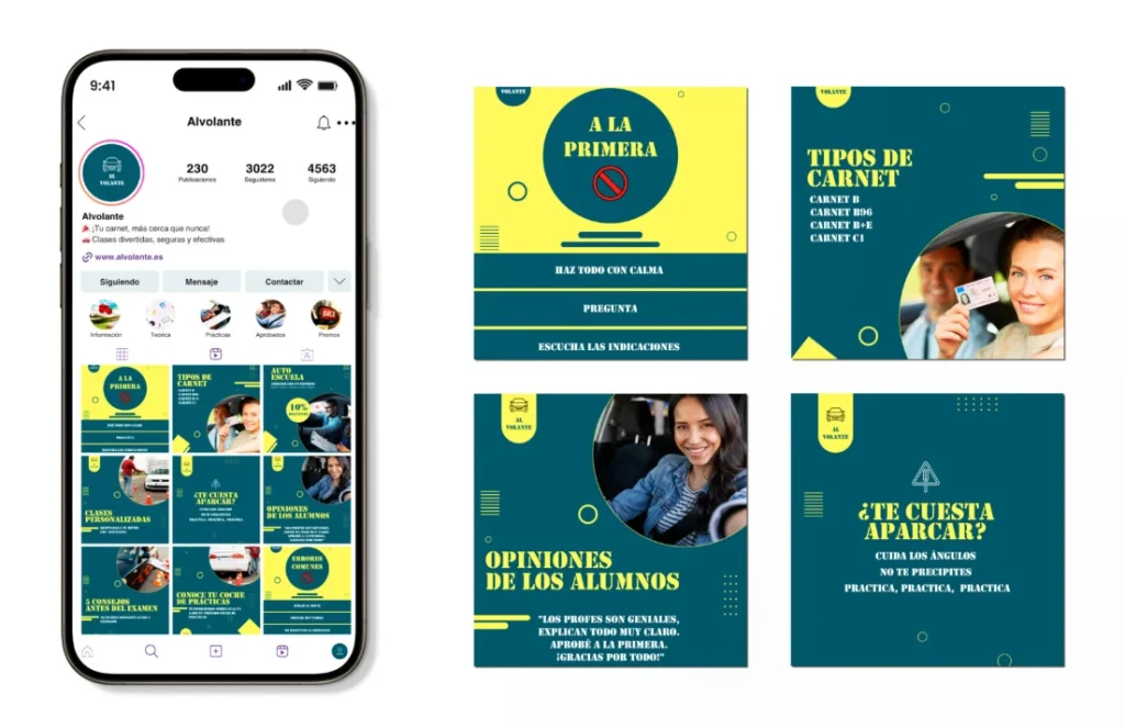 Móvil con carrusel de instagram Marketing para autoescuelas Alvolante