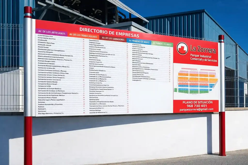 Valla con indicaciones con logo Cartelería exterior